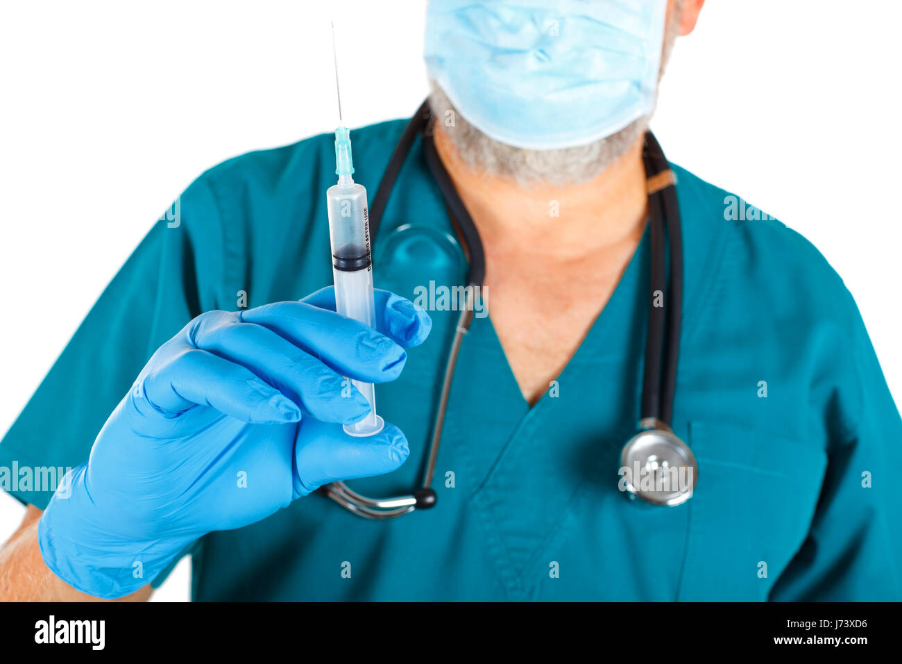 Close-up picture of a surgeon holding a syringe on a isolated background Stock Photo