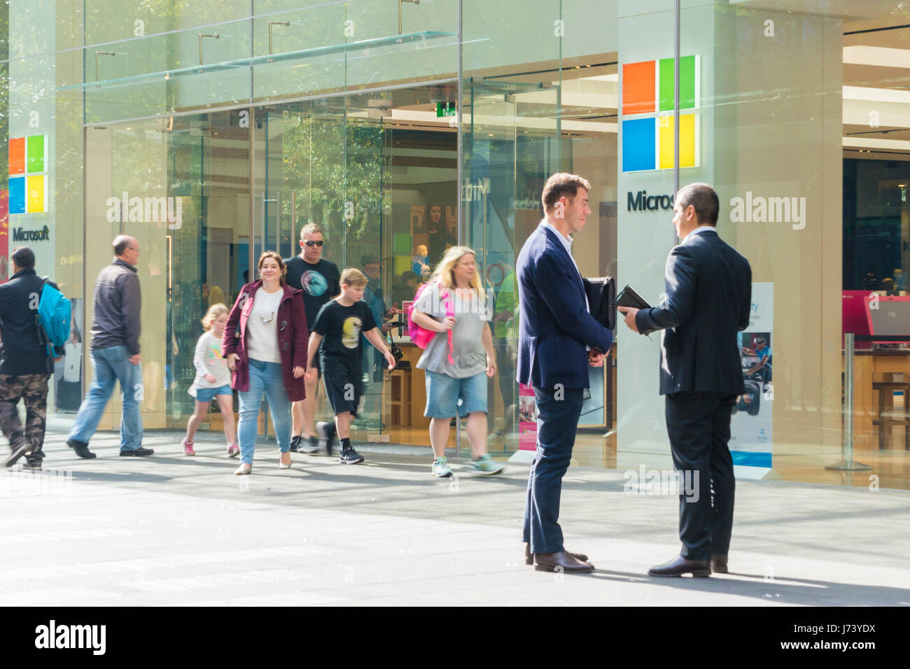 View of people visiting the Microsoft flagship store in Sydney Stock Photo