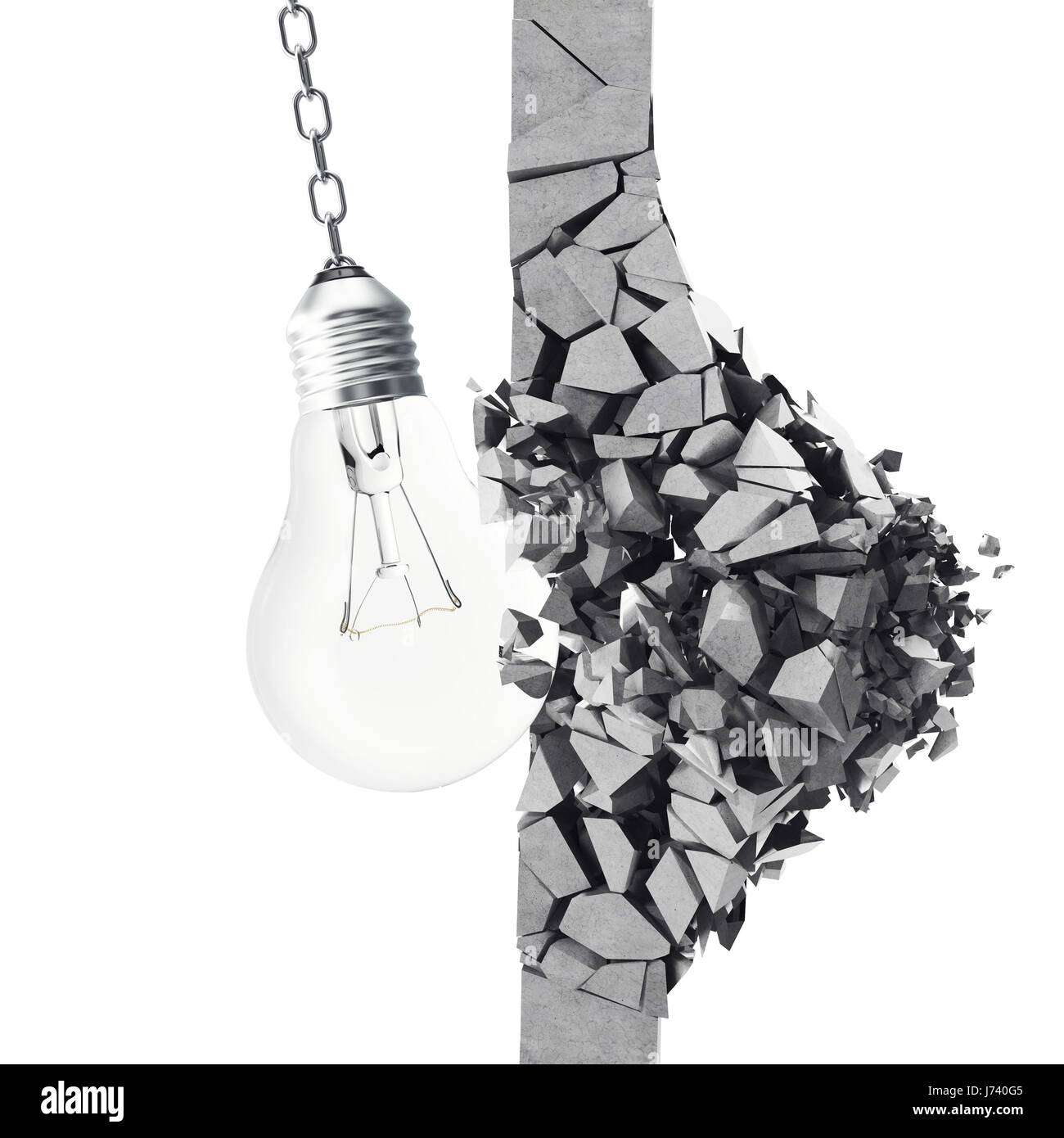 3d rendering light bulb, demolishing wall smithereens, concept of creative thinking and innovation Stock Photo