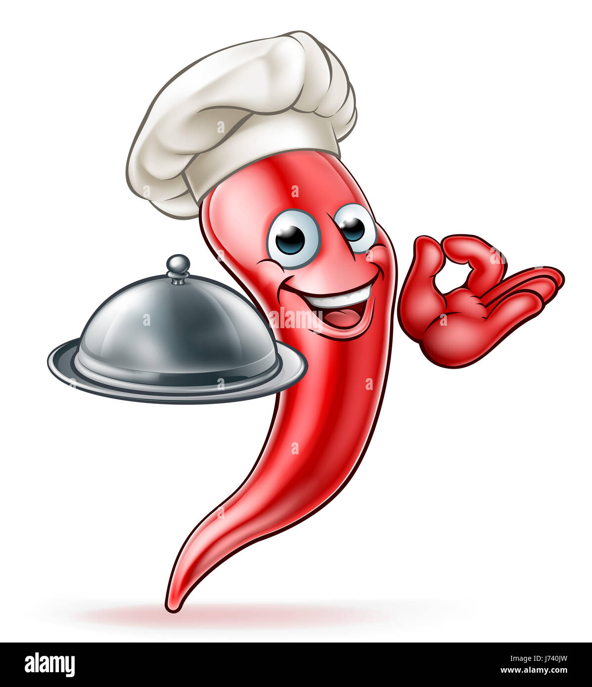 A spicy red pepper in chef hat cartoon character holding a cloche platter Stock Photo