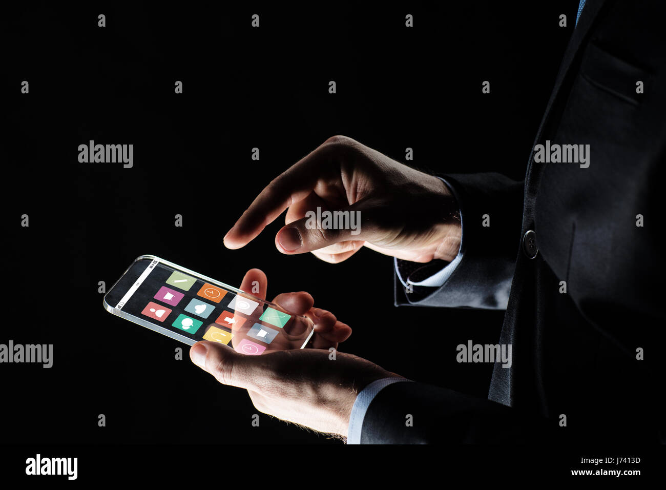 close up of businessman hand with glass smartphone Stock Photo - Alamy