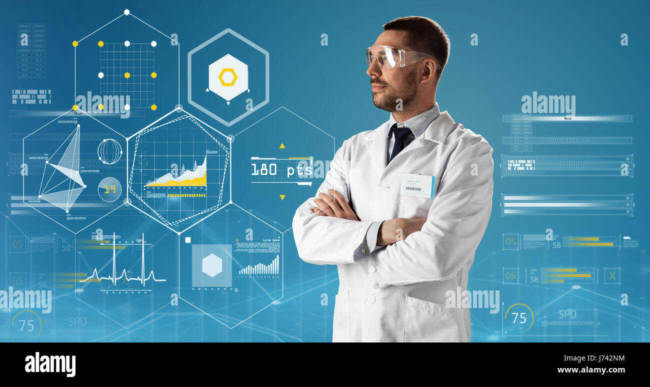 doctor or scientist in lab coat and safety glasses Stock Photo Alamy