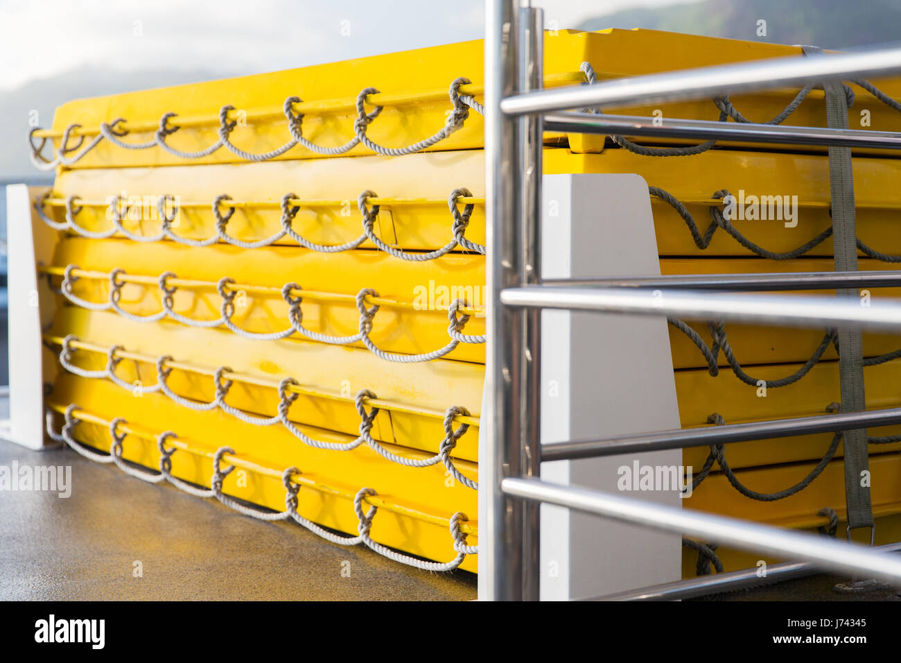 deck of sailboat with safety equipment Stock Photo Alamy