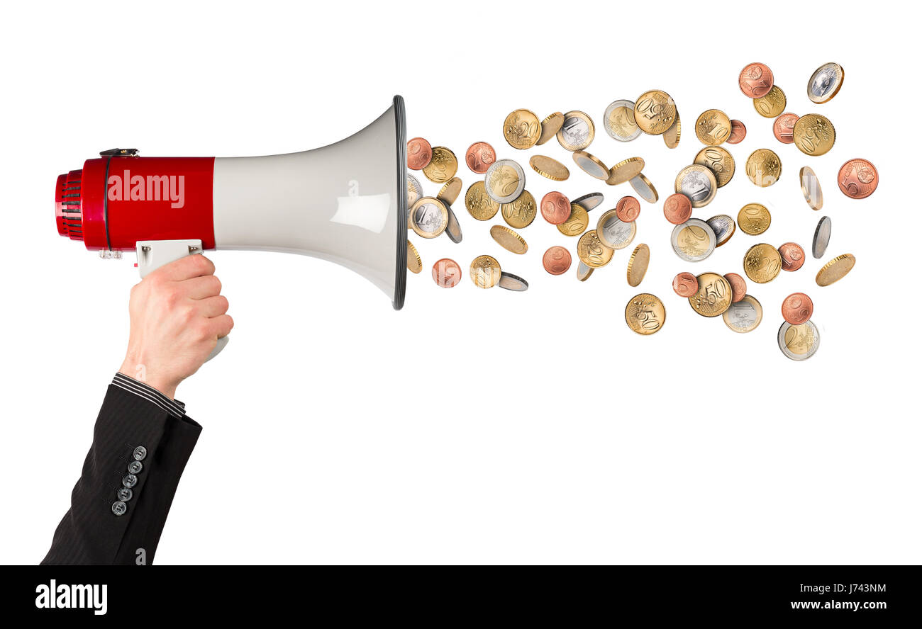 cash money euro rain  businessman hand in suite with red white bullhorn megaphone isolated background Stock Photo