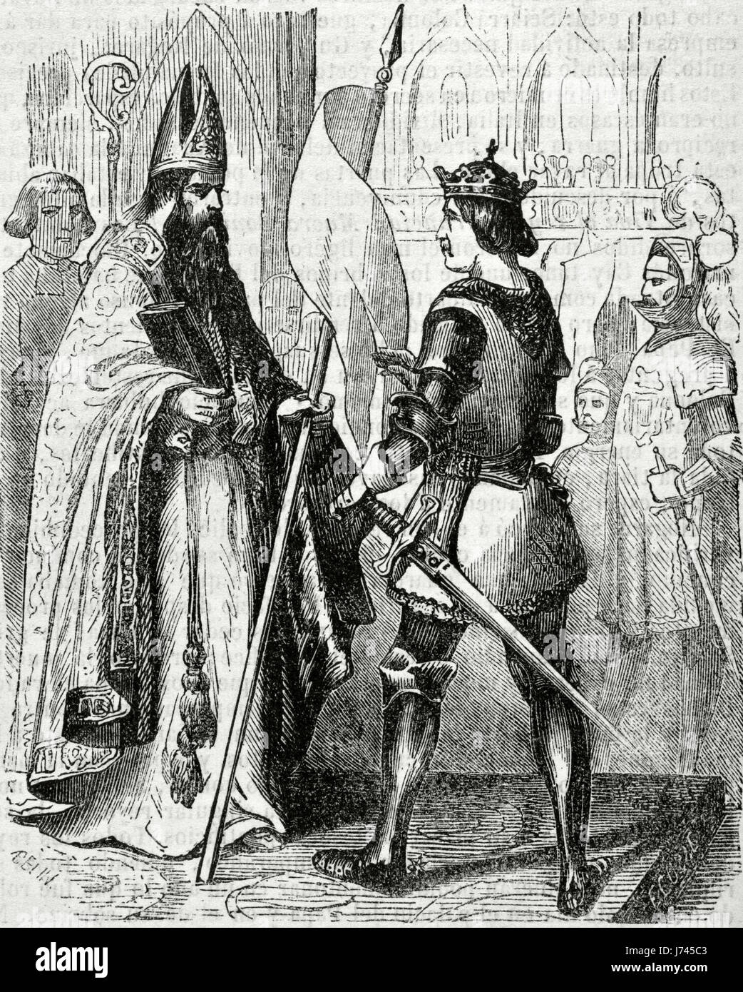 King Philip VI of France (1293-1350), the Fortunate, taking the oriflamme of St. Denis. Engraving by Ecosse, 1851. Stock Photo