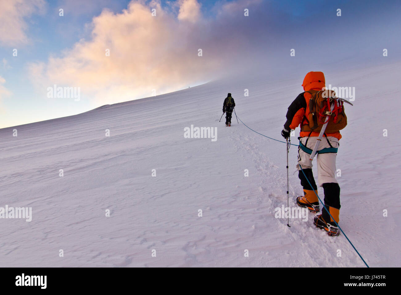 man climbing on snow slope of Kazbek mountain in Caucasus Stock Photo