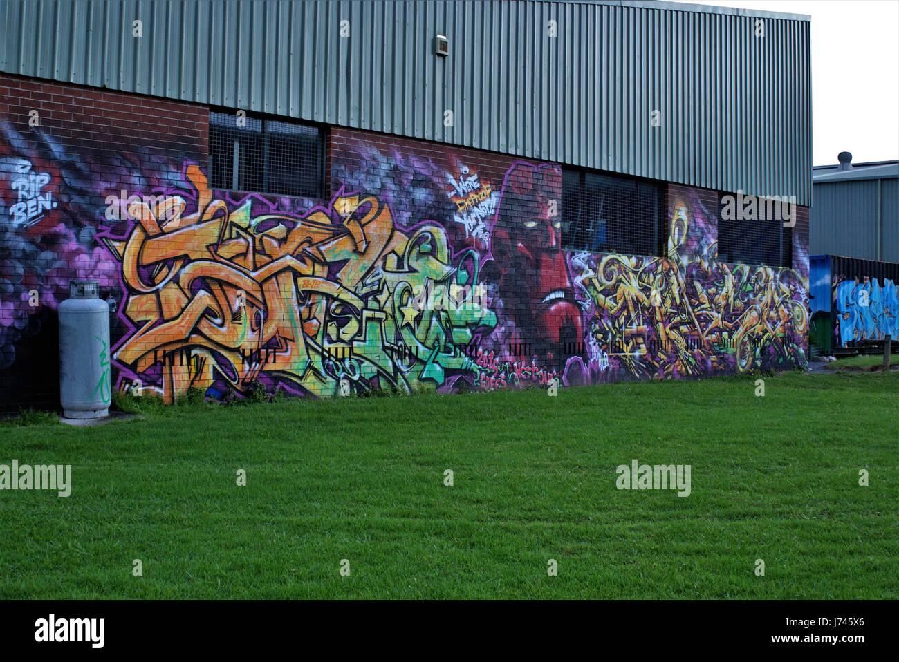 Graffiti by unknown artist. Graffito. Graffiti on a wall, building and grass as on 21 May 2017 in Australia Stock Photo
