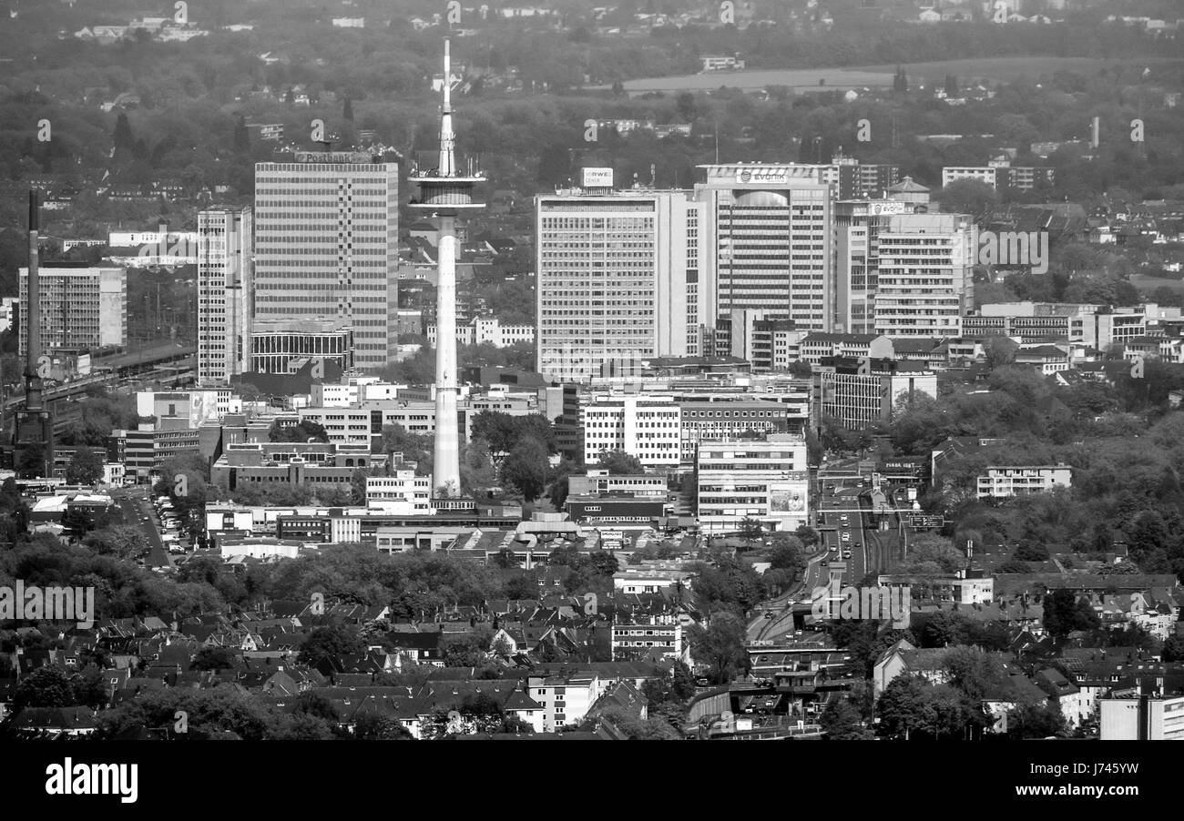 Essen city, Skyline of Essen with TV tower and RWE Tower, Mülheim an der Ruhr, Ruhr area, North Rhine-Westphalia, Germany,Essener City, Skyline von Es Stock Photo