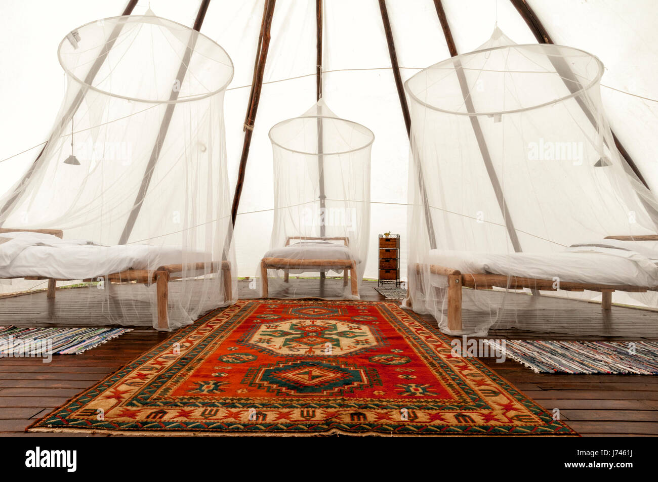 large tipi with three beds, glamping. Stock Photo