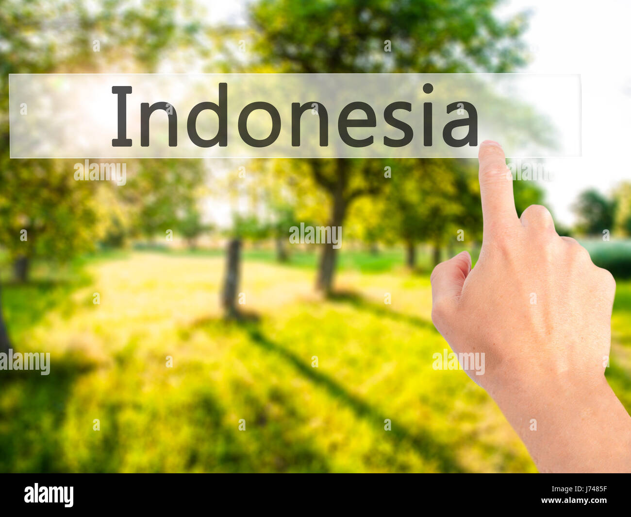 Indonesia - Hand pressing a button on blurred background concept
