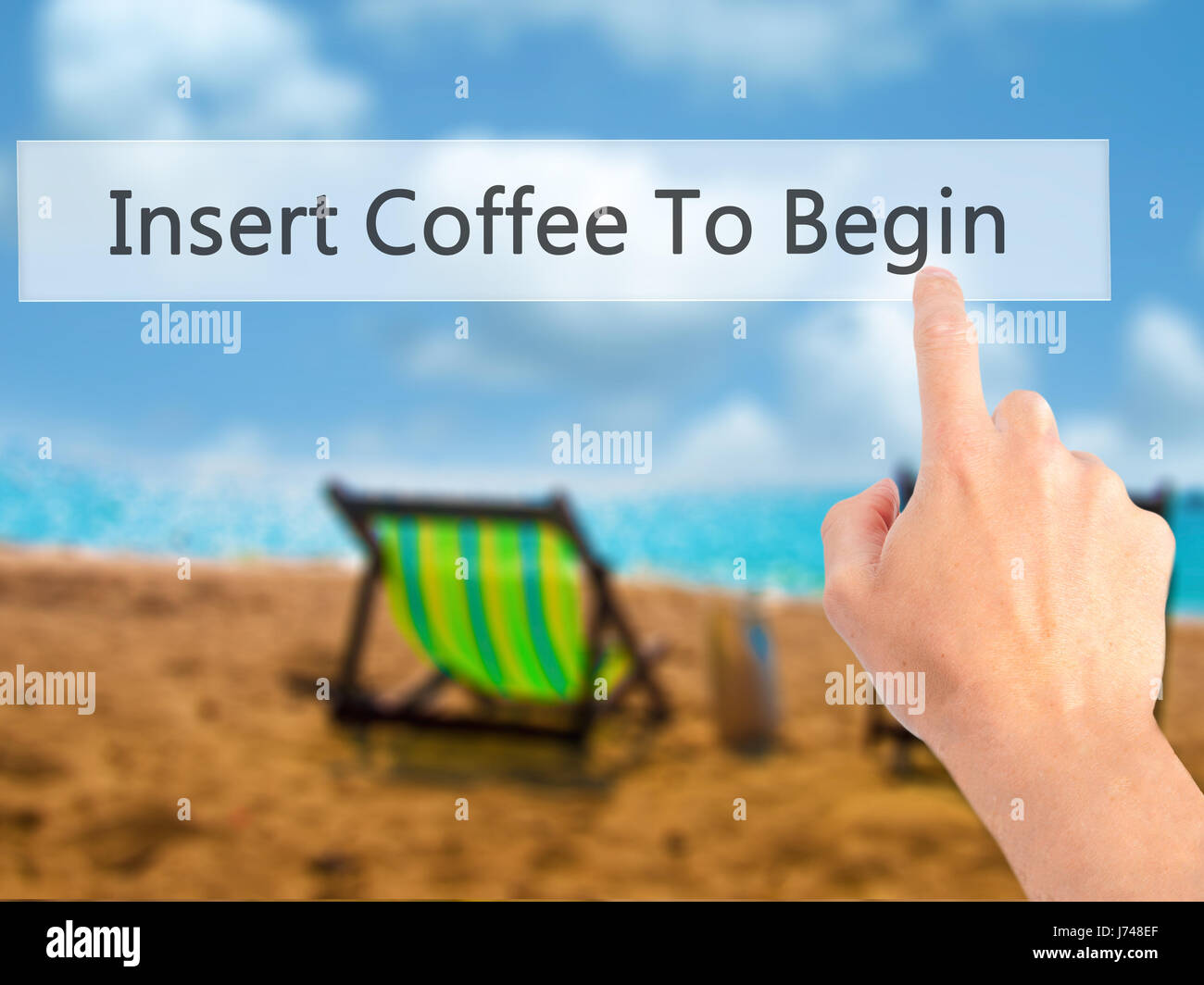 Insert Coffee To Begin - Hand pressing a button on blurred background concept . Business, technology, internet concept. Stock Photo Stock Photo