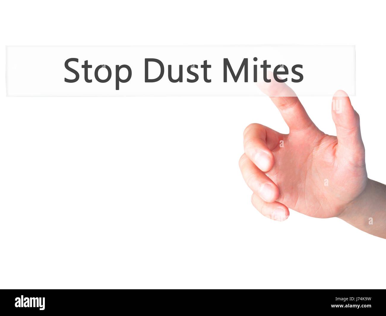 Stop Dust Mites Hand pressing a button on blurred background concept