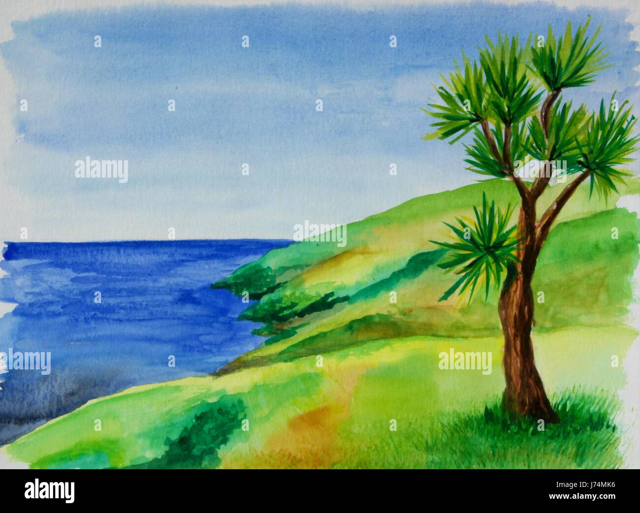 painting palm tree painted watercolour watercolors salt water sea ocean water Stock Photo