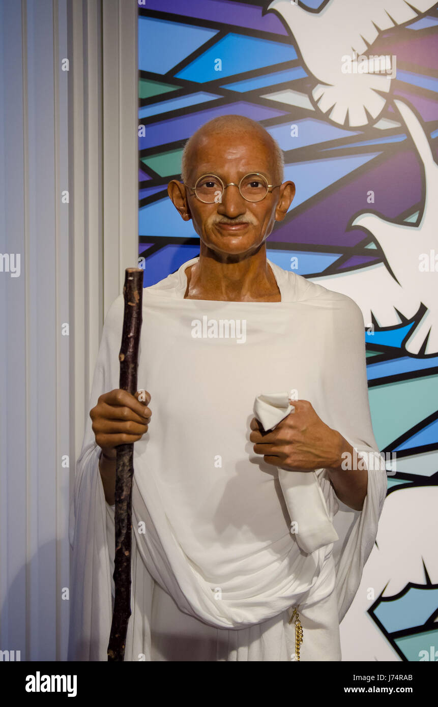 Singapore - September 15,2015 : The wax figure of Mahatma Gandhi in Madame Tussauds Singapore. Stock Photo