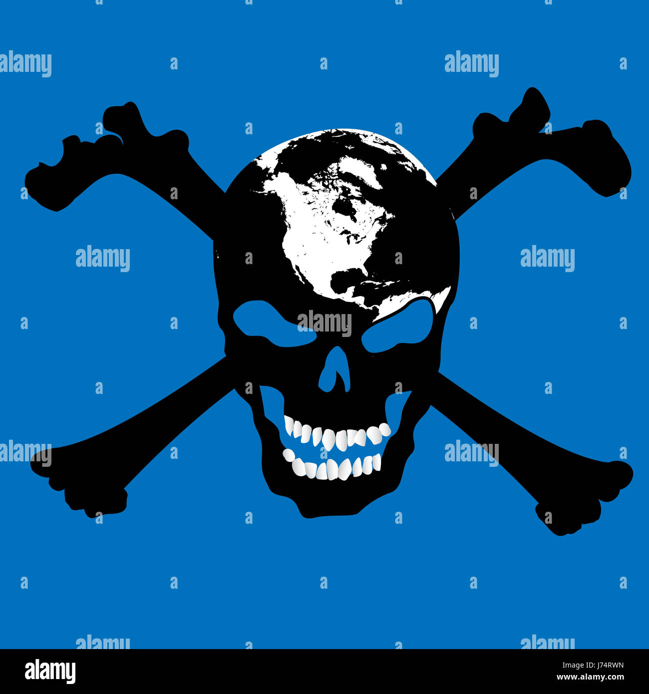 art illustration skull skeleton artistic map atlas map of the world head blue Stock Photo