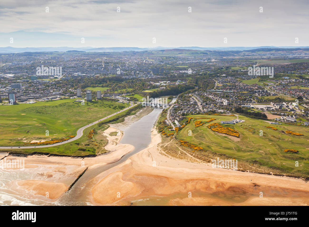 Aerial photograph of Bridge of Don area in the city of Aberdeen in North east Scotland, UK, showing the bridge over the River Don and the North Sea Stock Photo