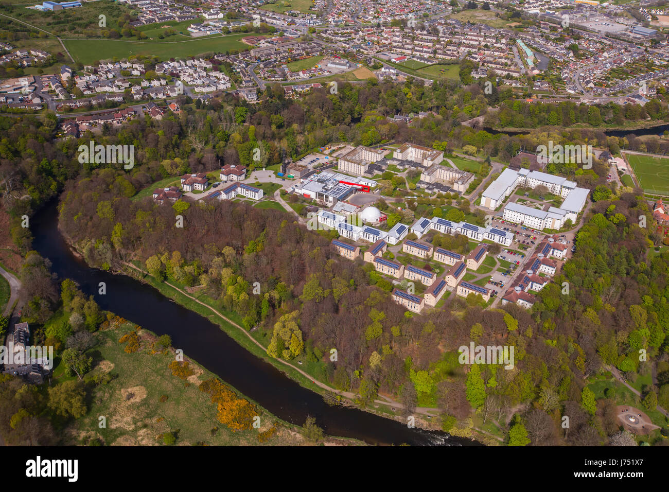 Aerial photograph of the Hillhead area in Bridge of Don, in the city of Aberdeen in North east Scotland, UK, showing the students halls of residence Stock Photo