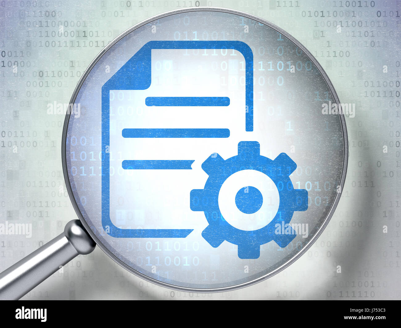 Database concept: Gear with optical glass on digital background Stock ...