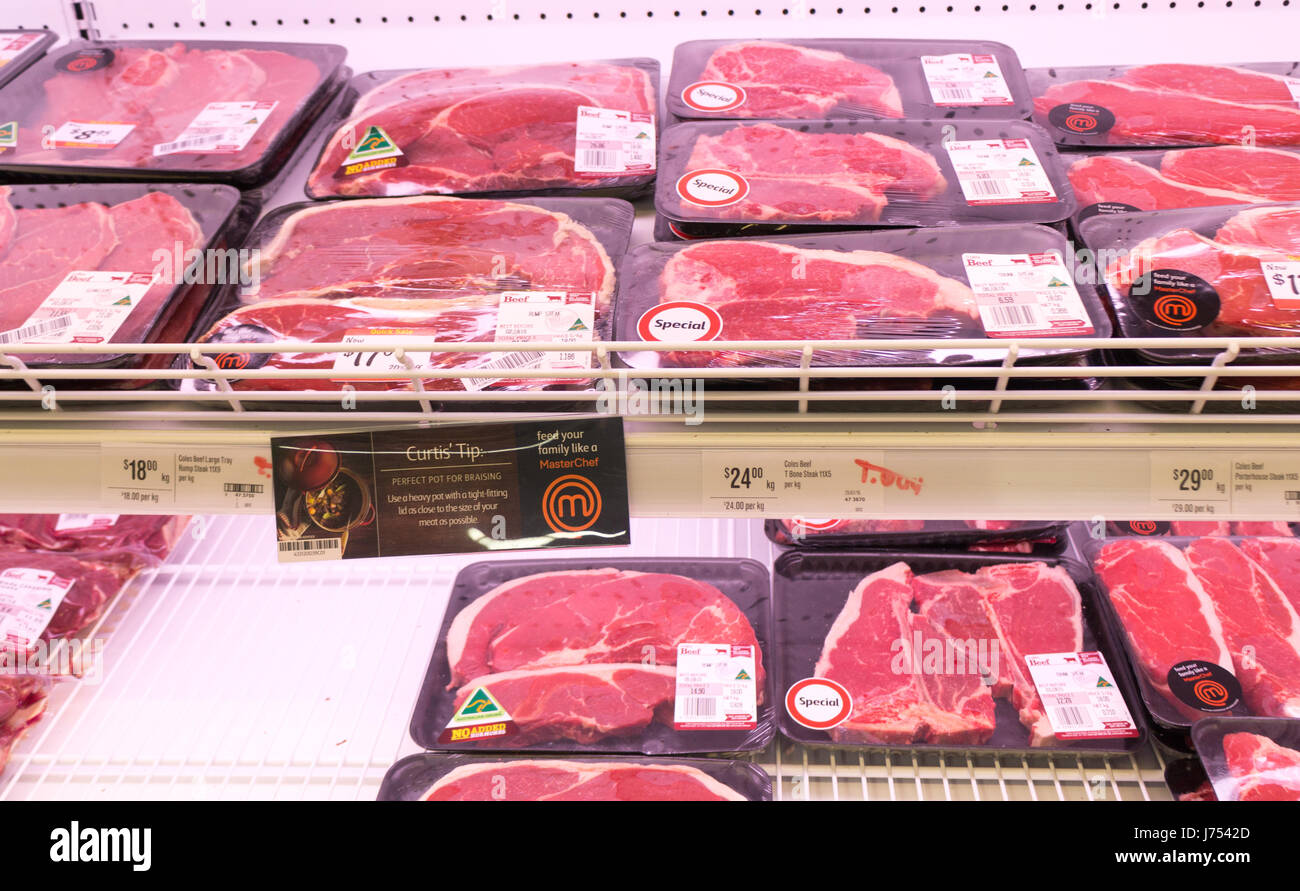Various cuts of meat in refrigerator in supermarket, Australia Stock