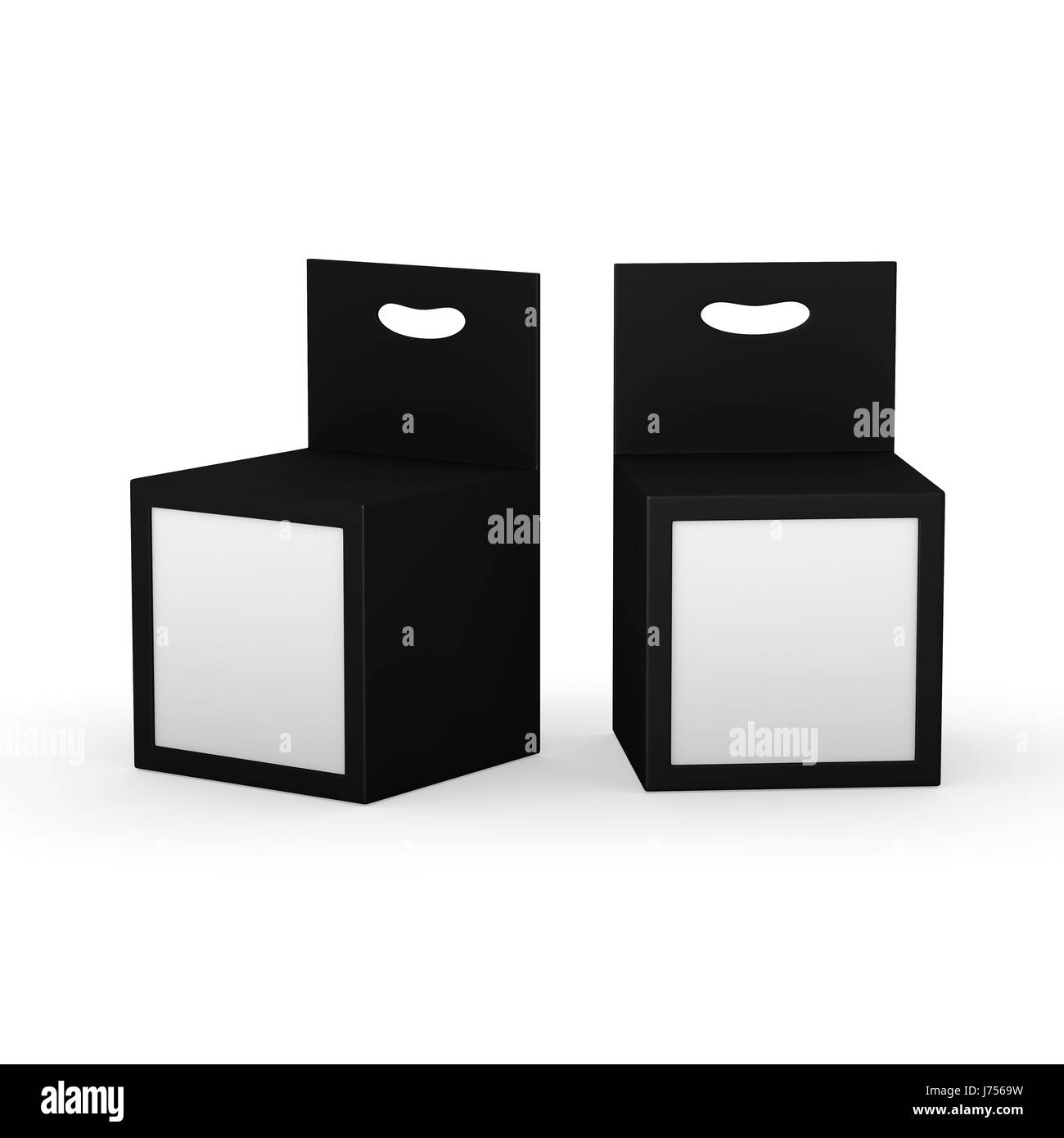 Black paper box packaging with front window and hanger, clipping path included. Template package for variety product like ink cartridge, electronic or Stock Photo