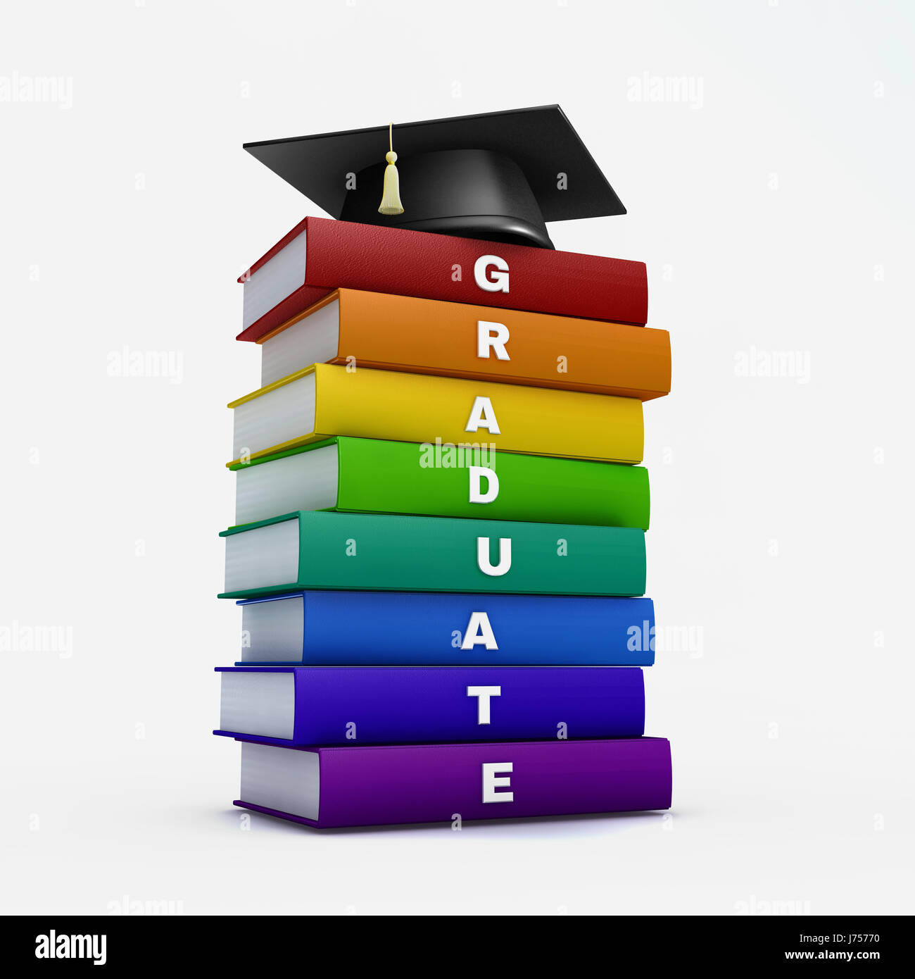 Mortar board on stack of rainbow graduate book isolated on white with ...