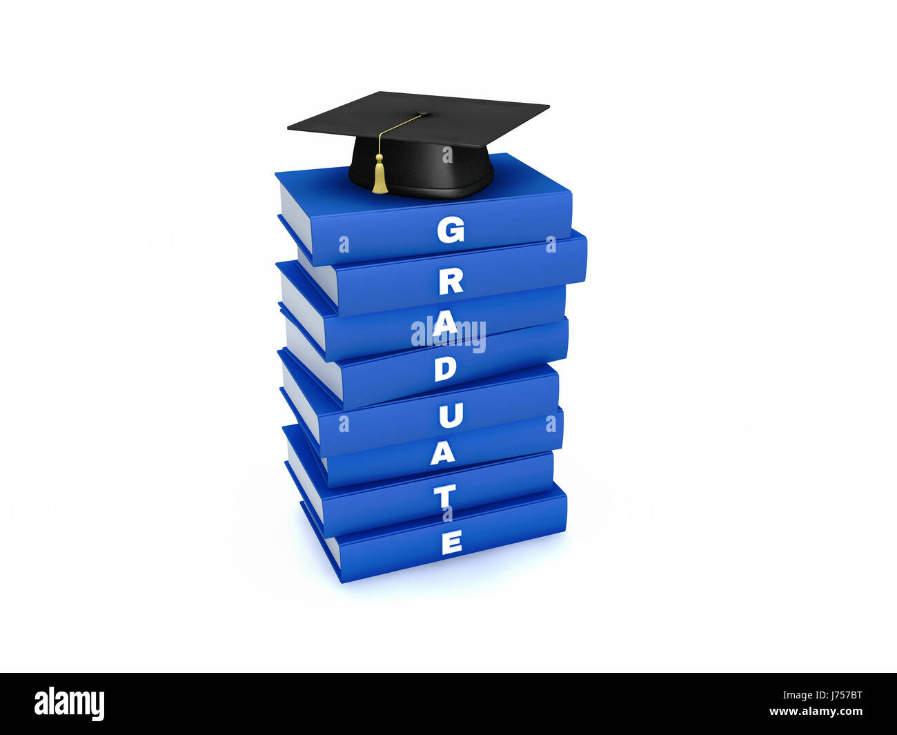 Mortar board on stack of blue graduate book isolated on white with ...