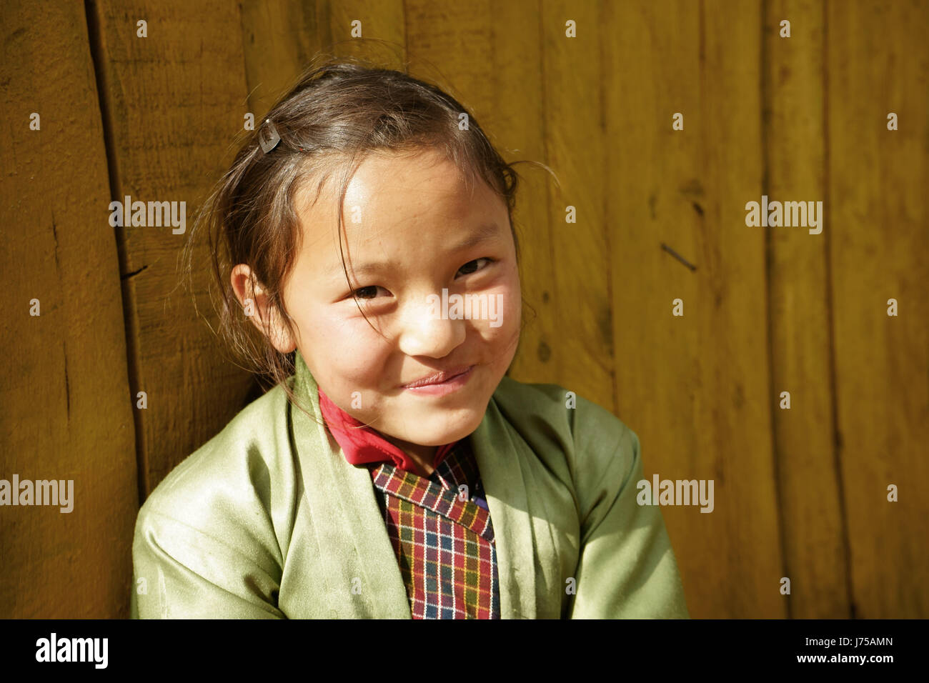 School girl portrait, Khasadraphu, south of Thimphu, Bhutan Stock Photo