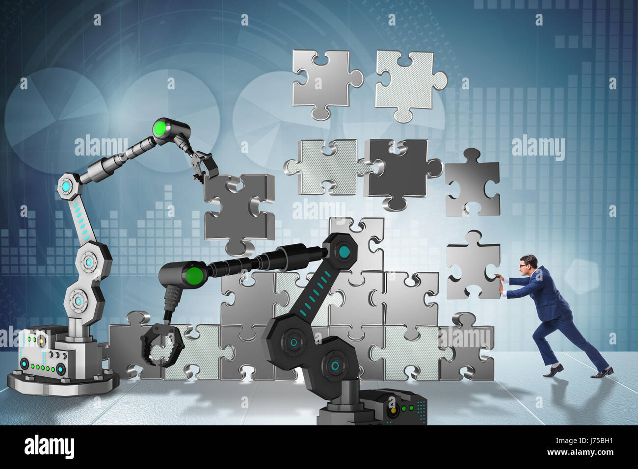 Businessman doing jigsaw puzzle with robotic arm Stock Photo - Alamy