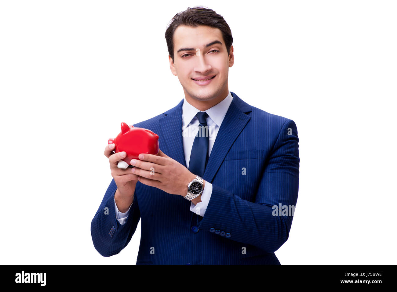 Handsome man with piggybank isolated on white Stock Photo - Alamy