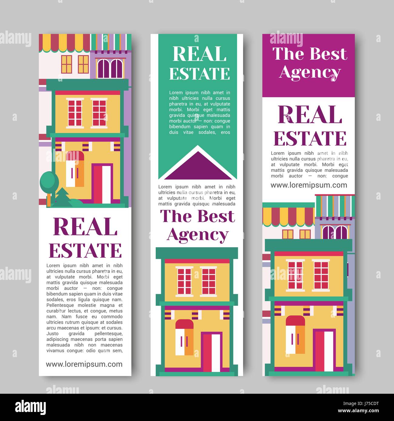 Real estate flat vertical banner set with house logo, ribbon, trees. Village apartment rental and buying vector illustration Stock Vector