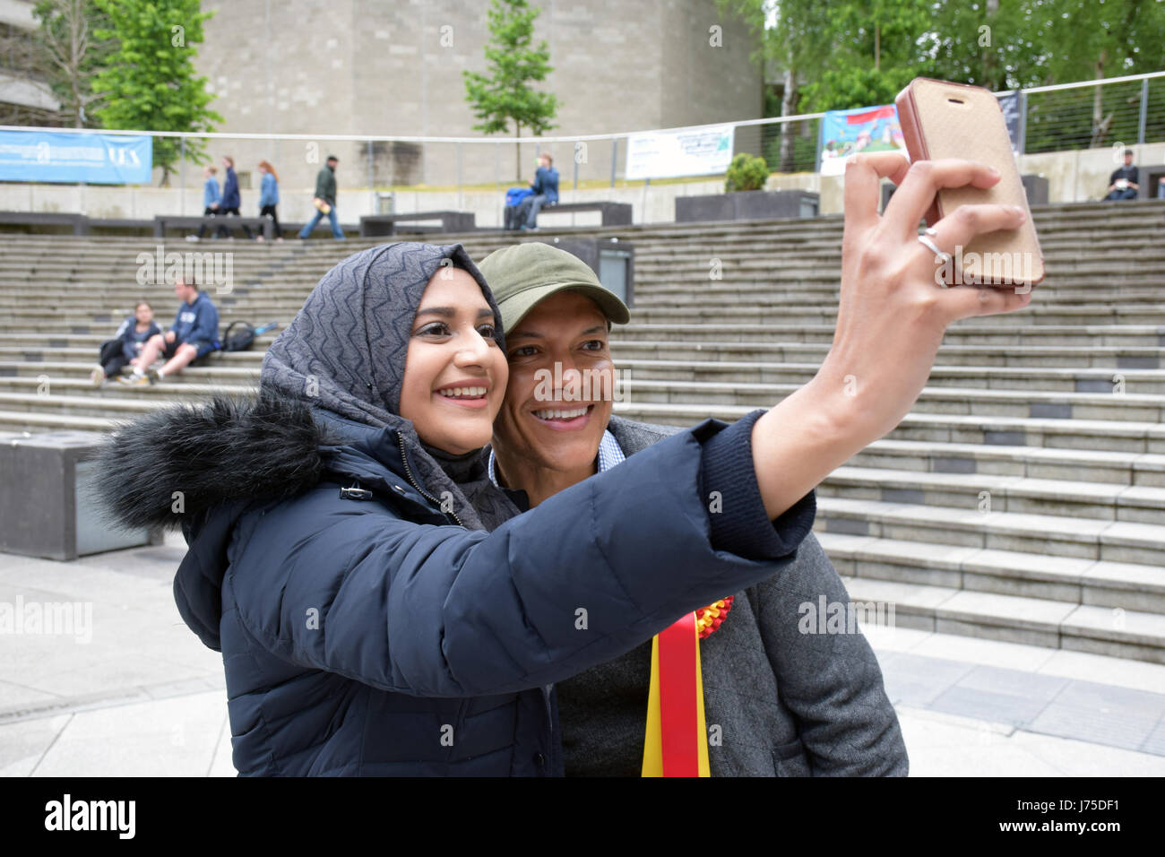 Clive Lewis MP with University of East Anglia students who are protesting at the university's decision to shut the Muslim prayer room, just a few days Stock Photo