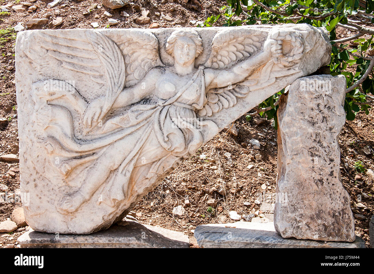 Carving of the Goddess Nike at UNESCO World Heritage Archaeological Site, Ephesus, Turkey Stock Photo