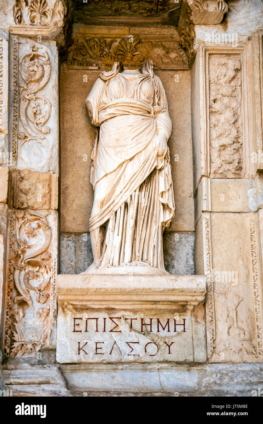 Statue  in front of Library of Celsus, Ephesus, Turkey Stock Photo