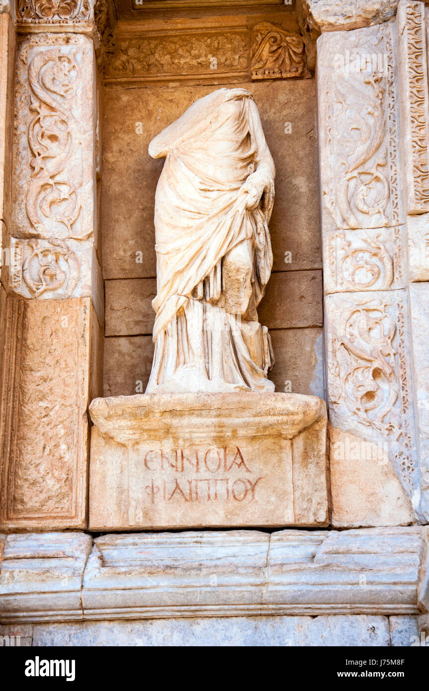 Statue in front of the Celsus Library, Ephesus, Selcuk, Lycia, Turkey, Stock Photo