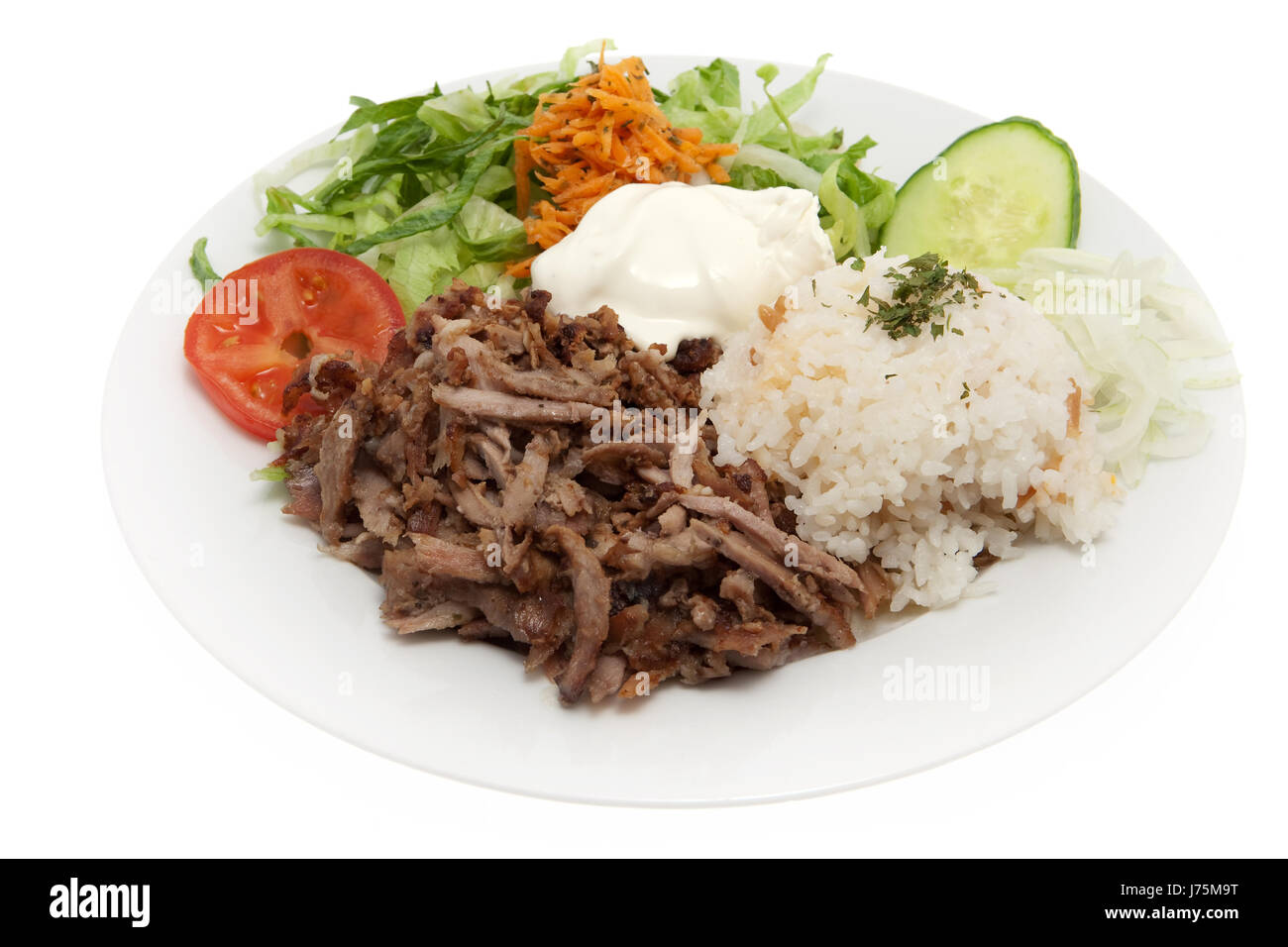 kebab restaurant plate cucumber food dish meal grill barbecue barbeque turkish Stock Photo