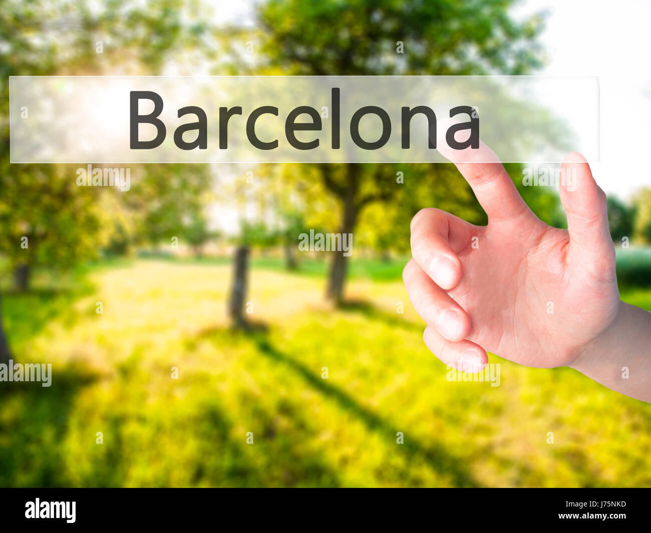 Barcelona - Hand pressing a button on blurred background concept . Business, technology, internet concept. Stock Photo Stock Photo