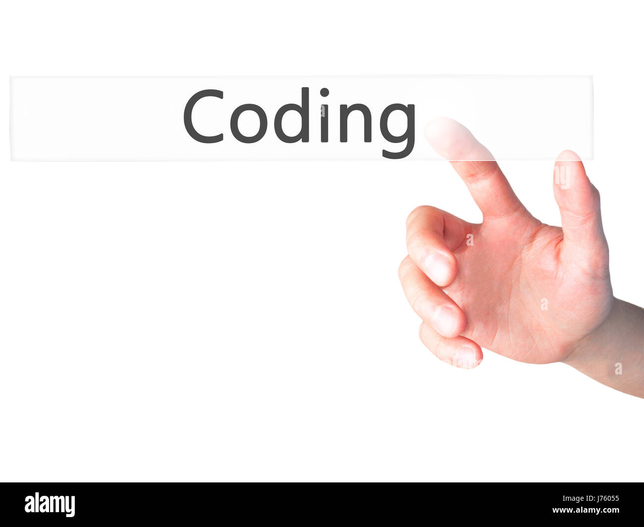 Coding - Hand pressing a button on blurred background concept . Business, technology, internet concept. Stock Photo Stock Photo