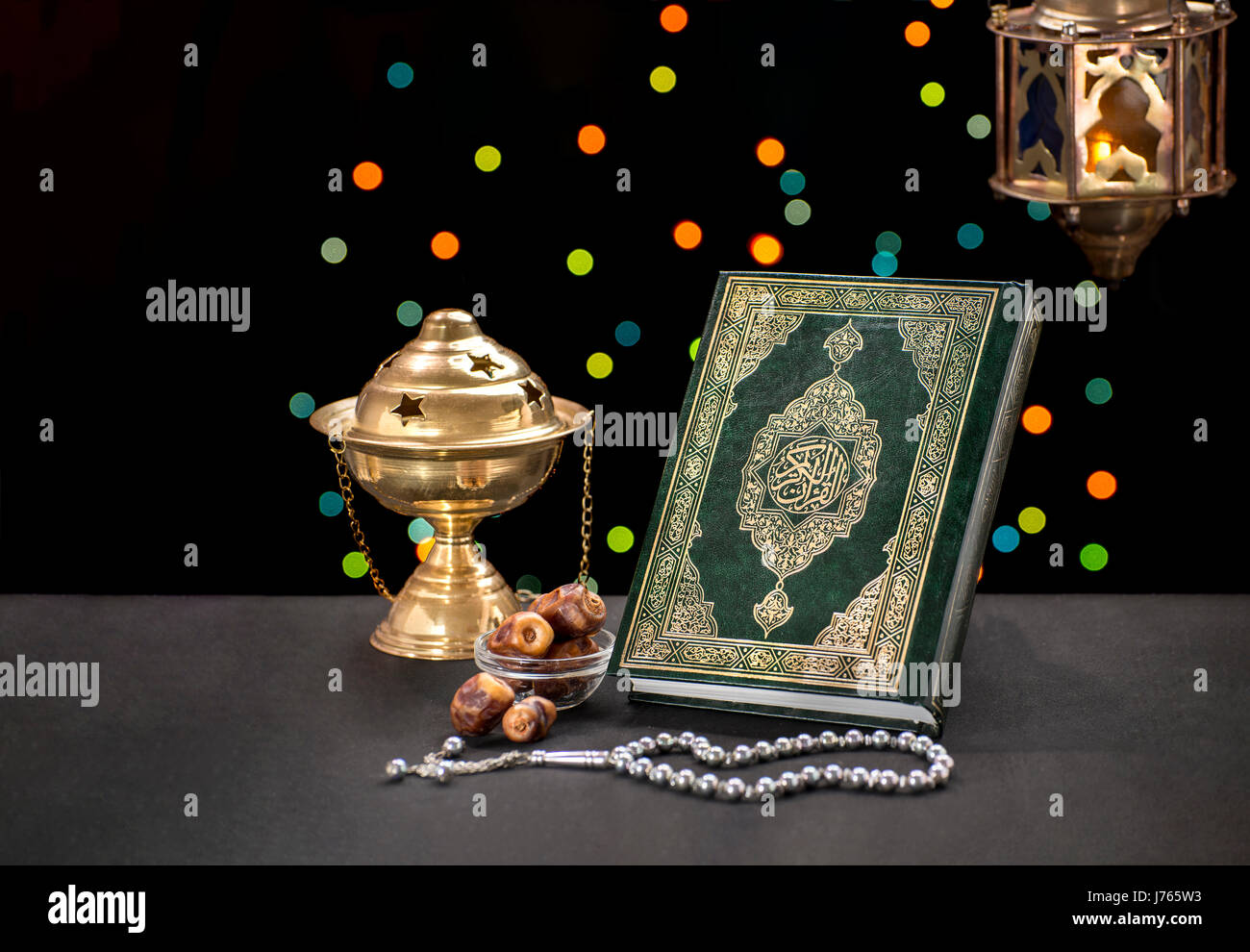 Ramadan Celebration Objects Over Defocused Festive Lights Stock Photo