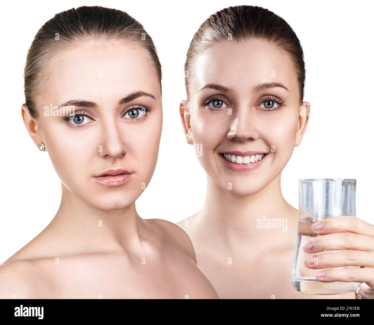Women show useful properties of clean water. Stock Photo