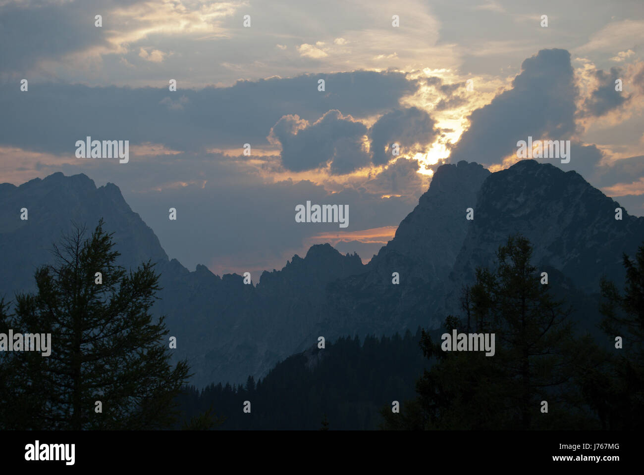 Sunset over high limestone alps. Gesaeuse National Park, Steiermark, Austria. Stock Photo