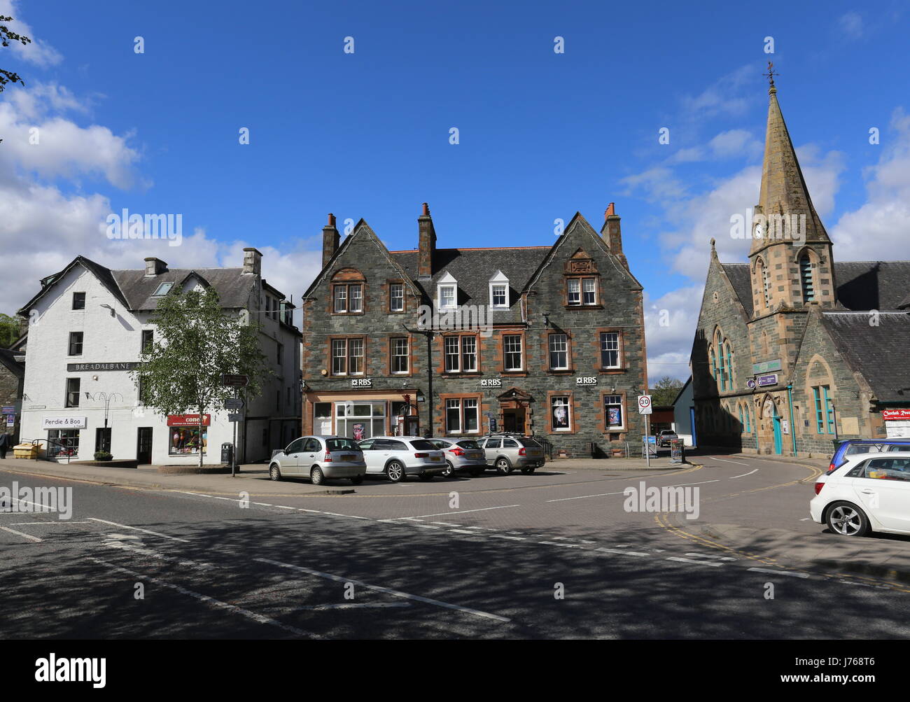 Breadalbane Arms Hotel, RBS bank and Tourist Information Centre Aberfeldy Scotland  May 2017 Stock Photo