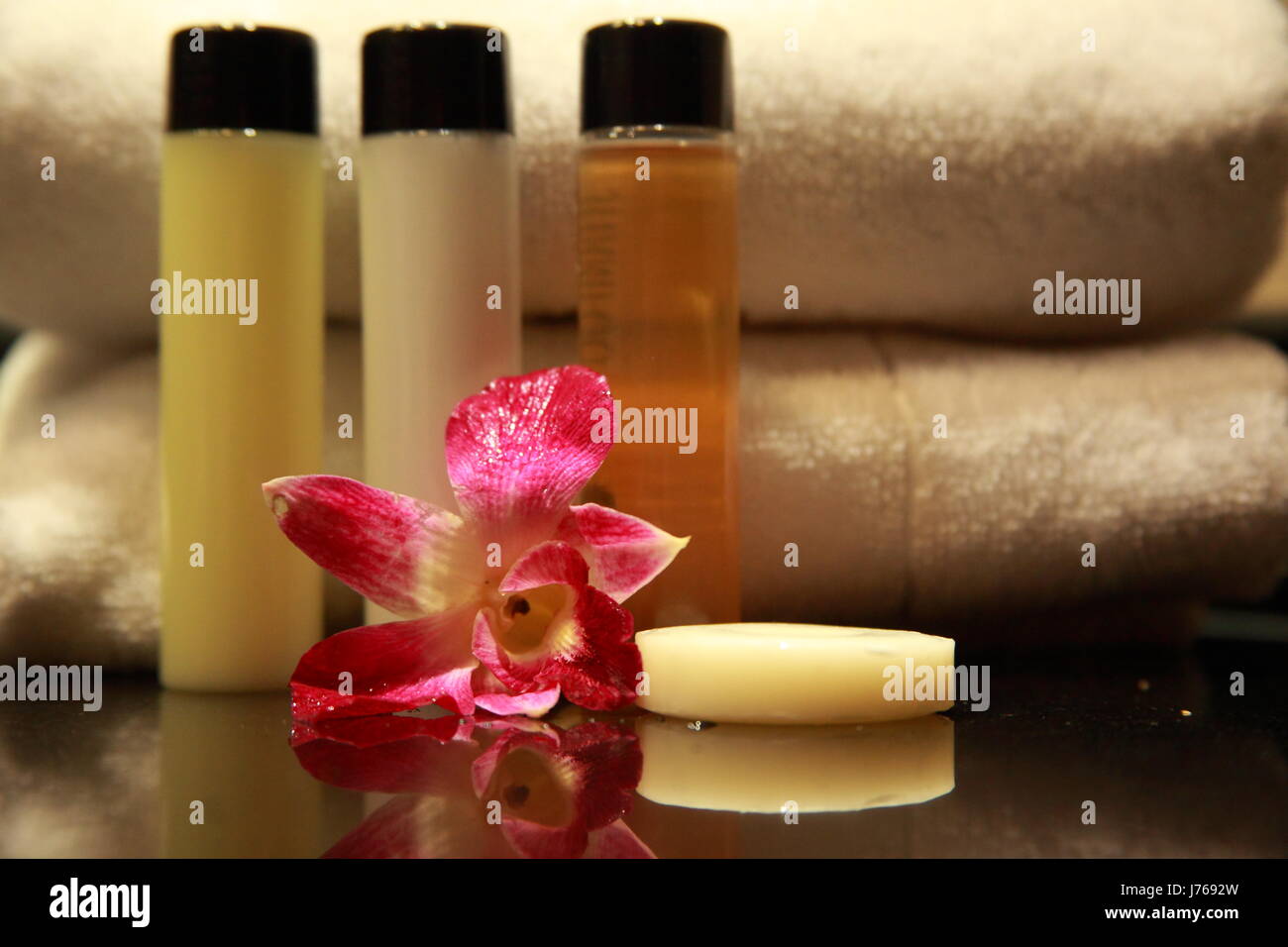 flower plant towel soap cosmetic amenities bathroom spa mineral spring Stock Photo