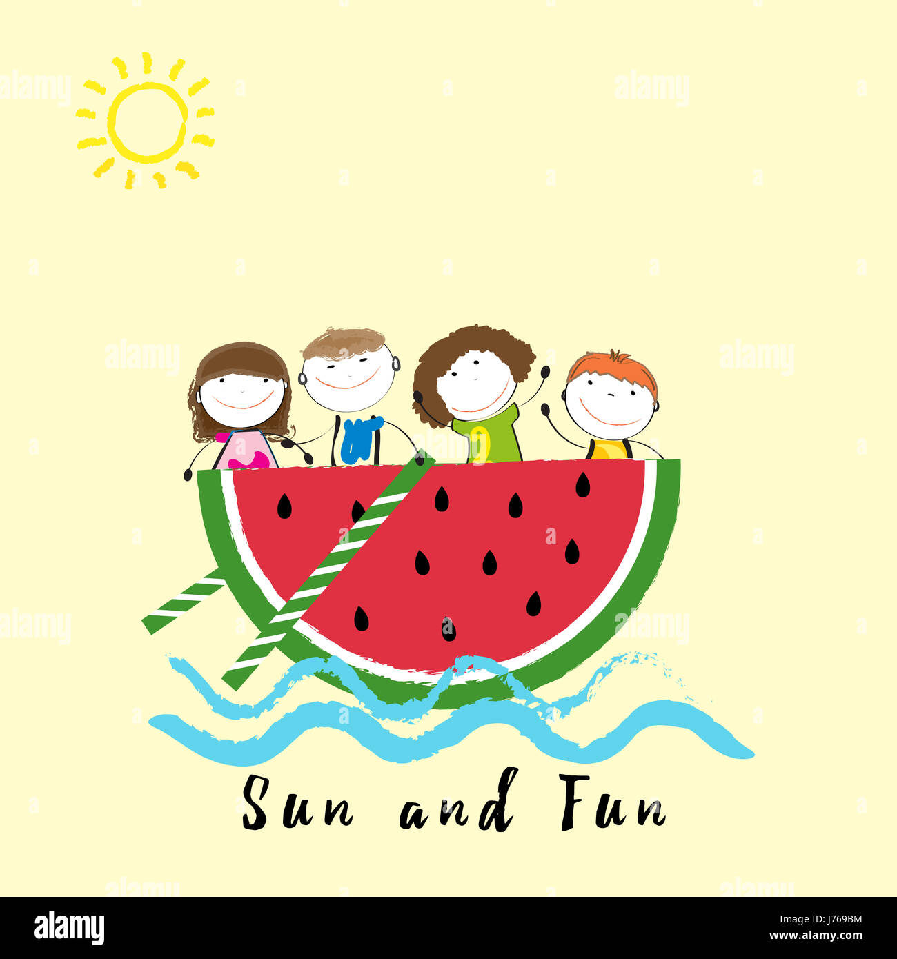 Happy and healthy kids on a boat with fresh fruit Stock Photo