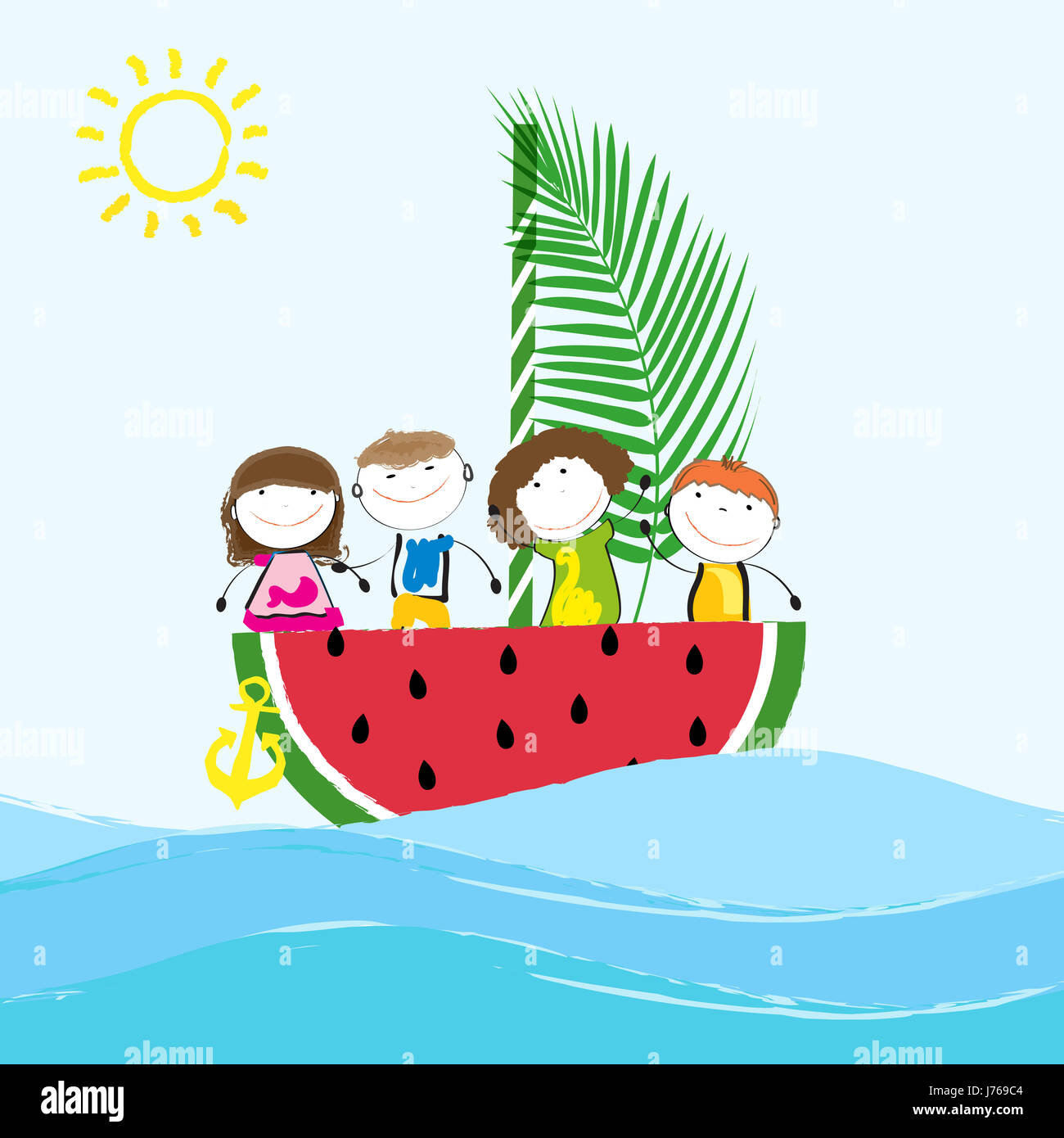 Happy and healthy kids on a boat with fresh fruit Stock Photo