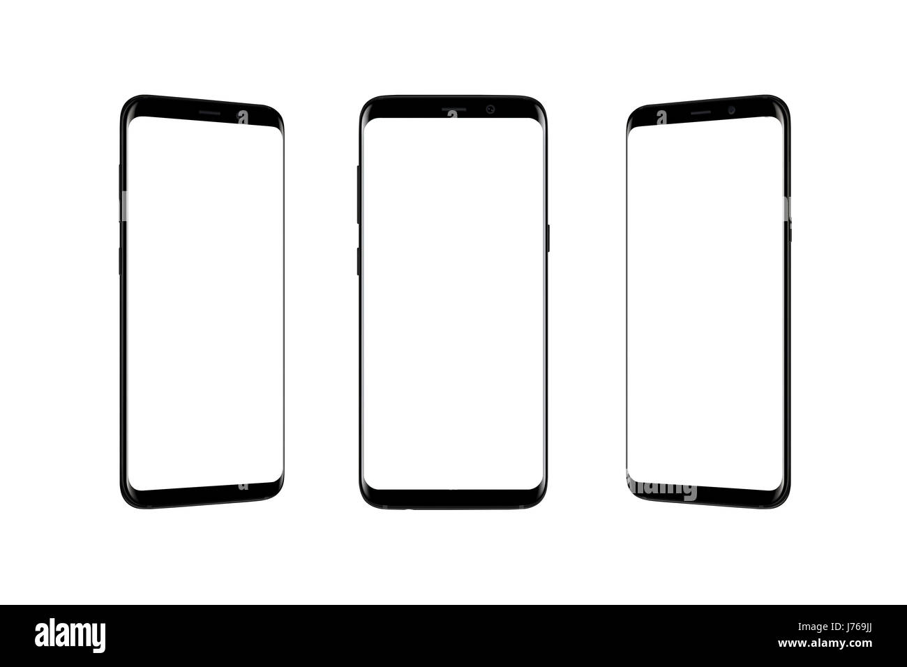 Isolated smart phone in three position. Modern black mobile with thin rounded edges. Stock Photo