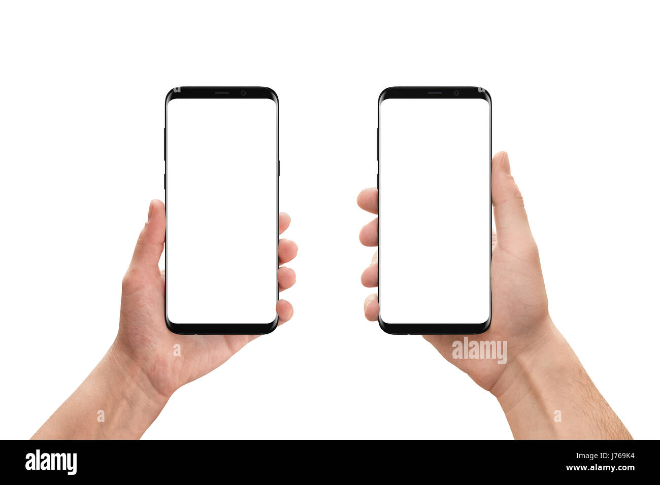 Isolated mobile phones in woman and man hand. Isolated white, blank screen for mockup, app presentation. White background. Stock Photo