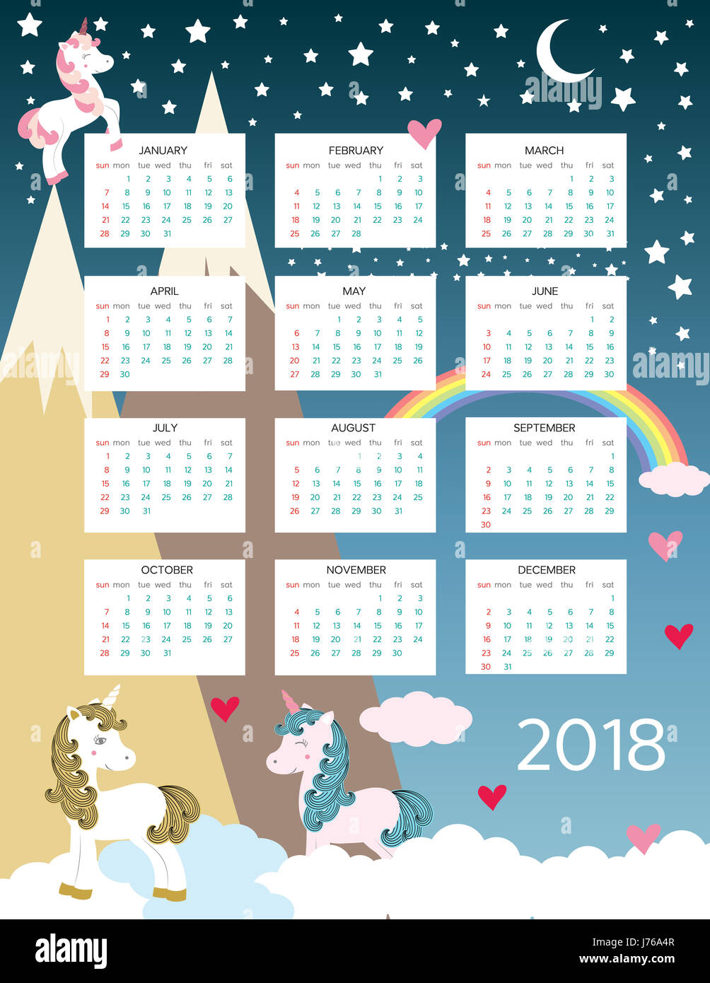 Cute calendar for the New Year 2018 Stock Photo
