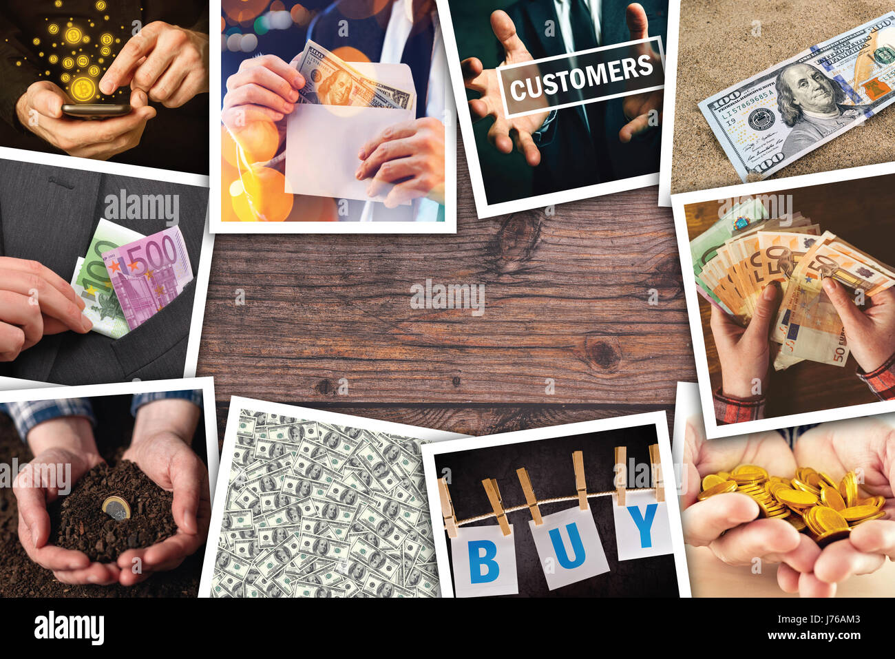 Business and entrepreneurship photo collage over wooden office desk background Stock Photo