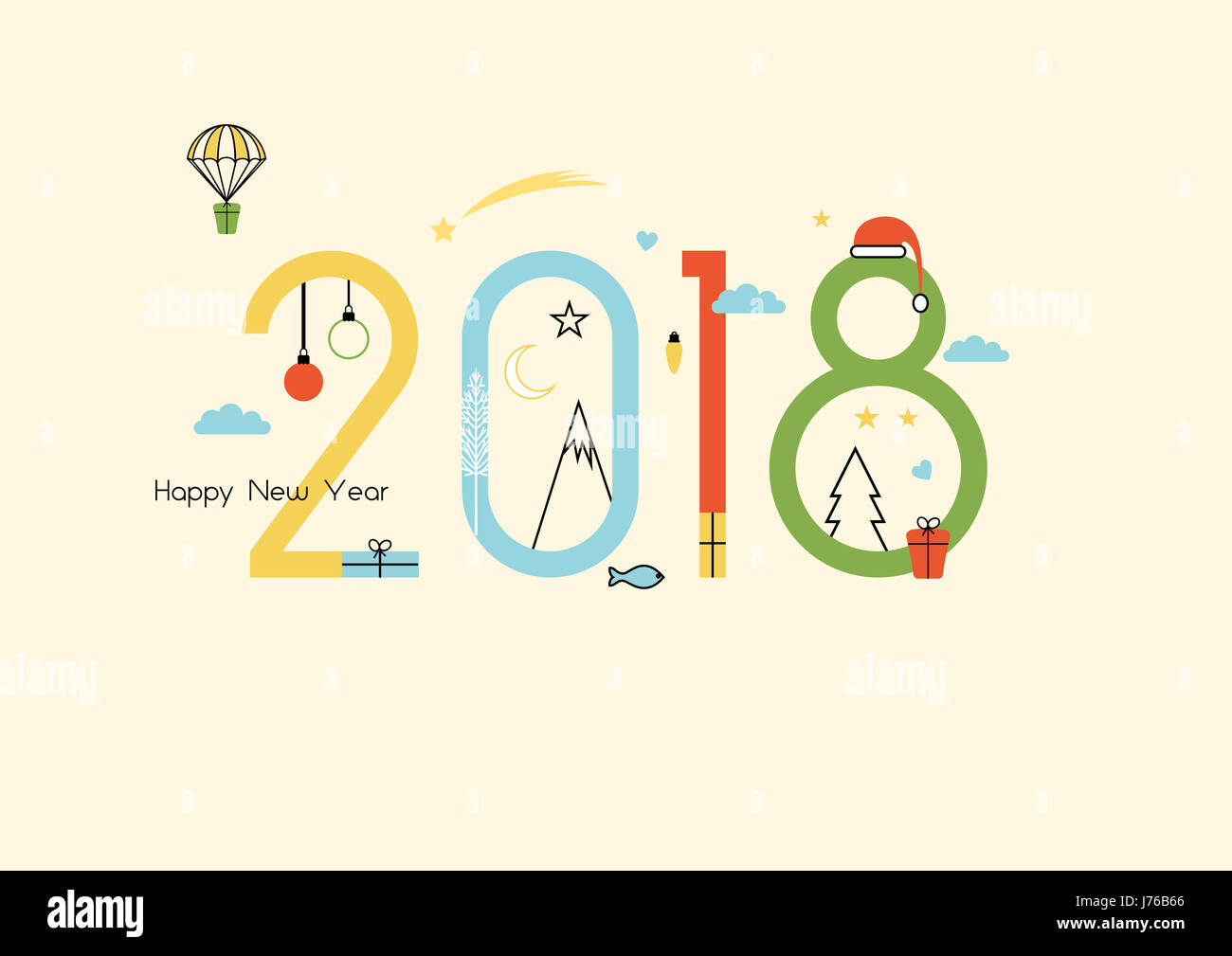 New Year 2018 and Christmas flat line design Stock Photo