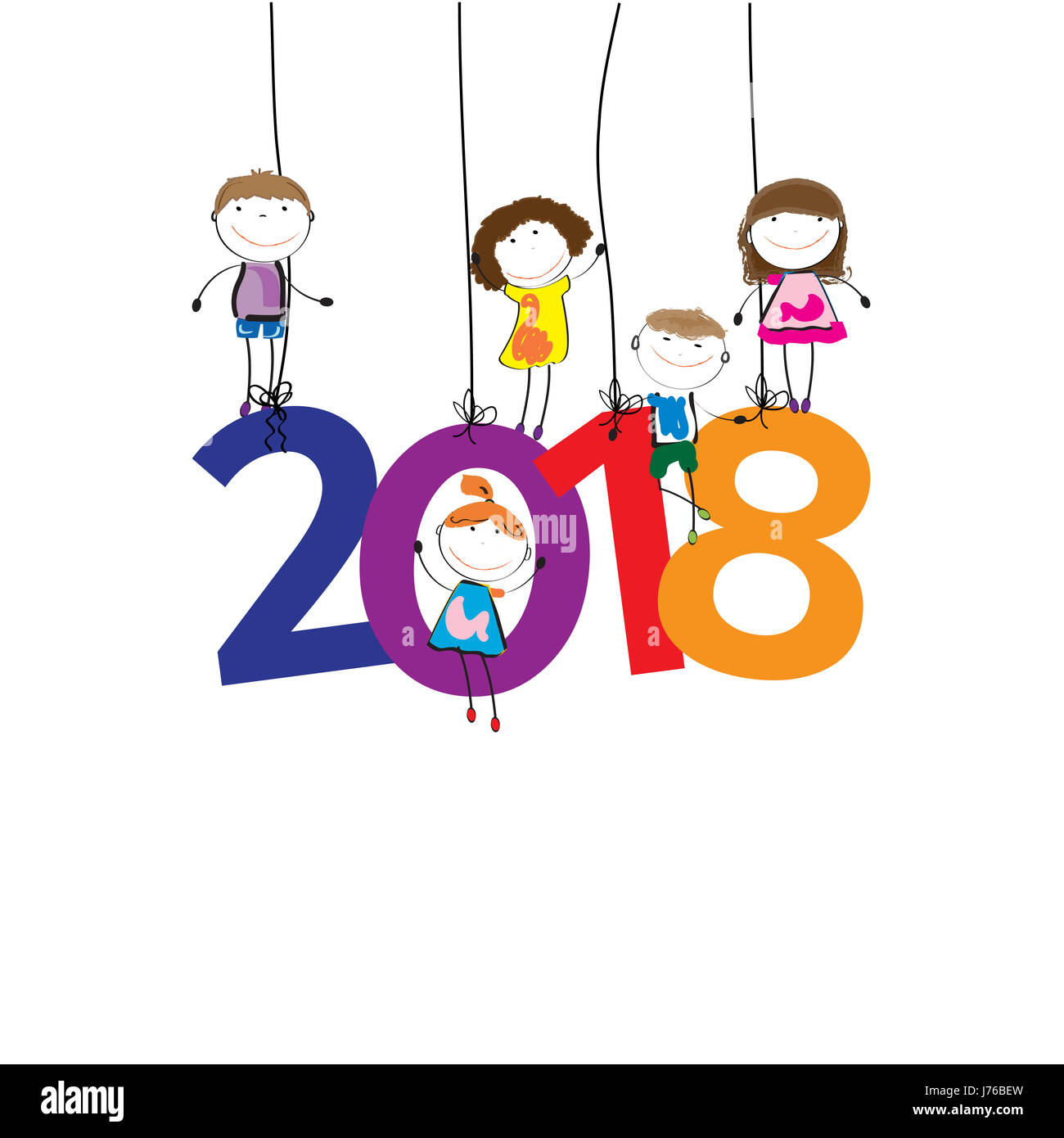 Colorful card for New Year 2018 with happy kids Stock Photo